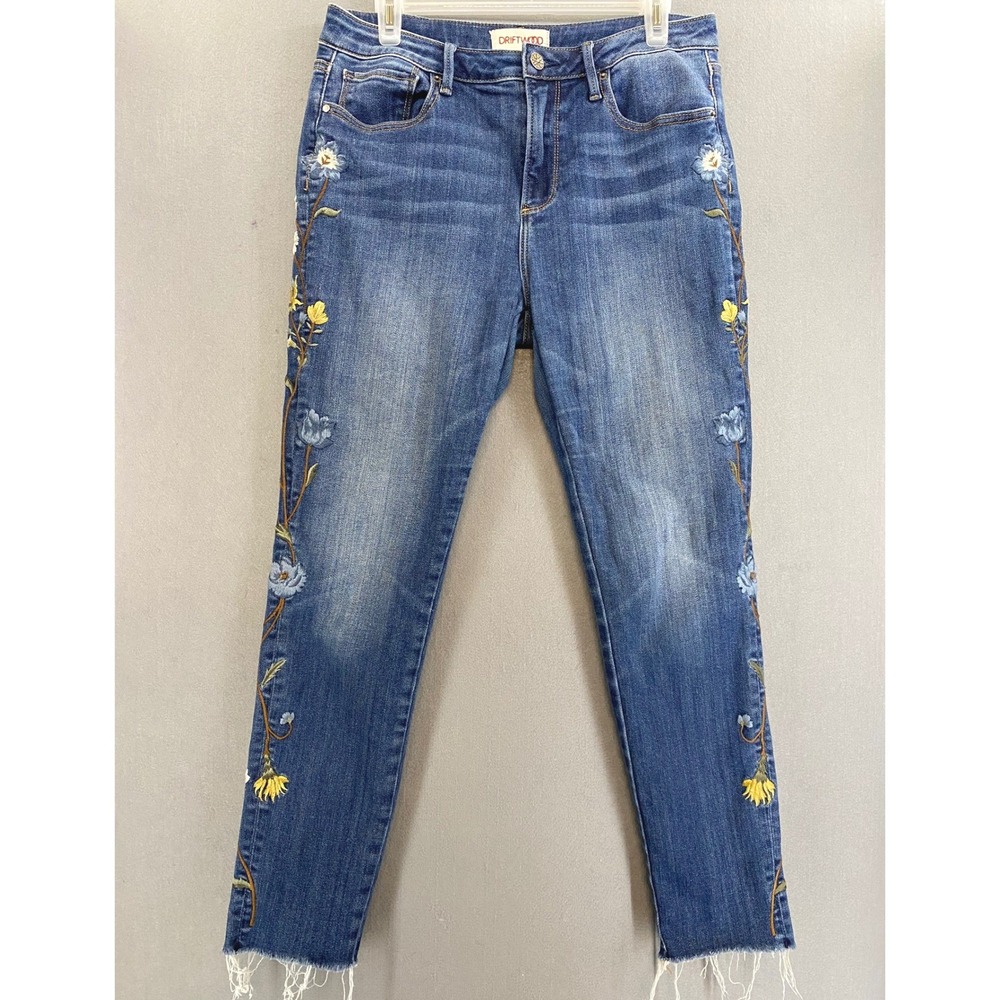 Driftwood Jackie High Rise Embroidered Floral Skinny Jeans Medium Wash 29x28